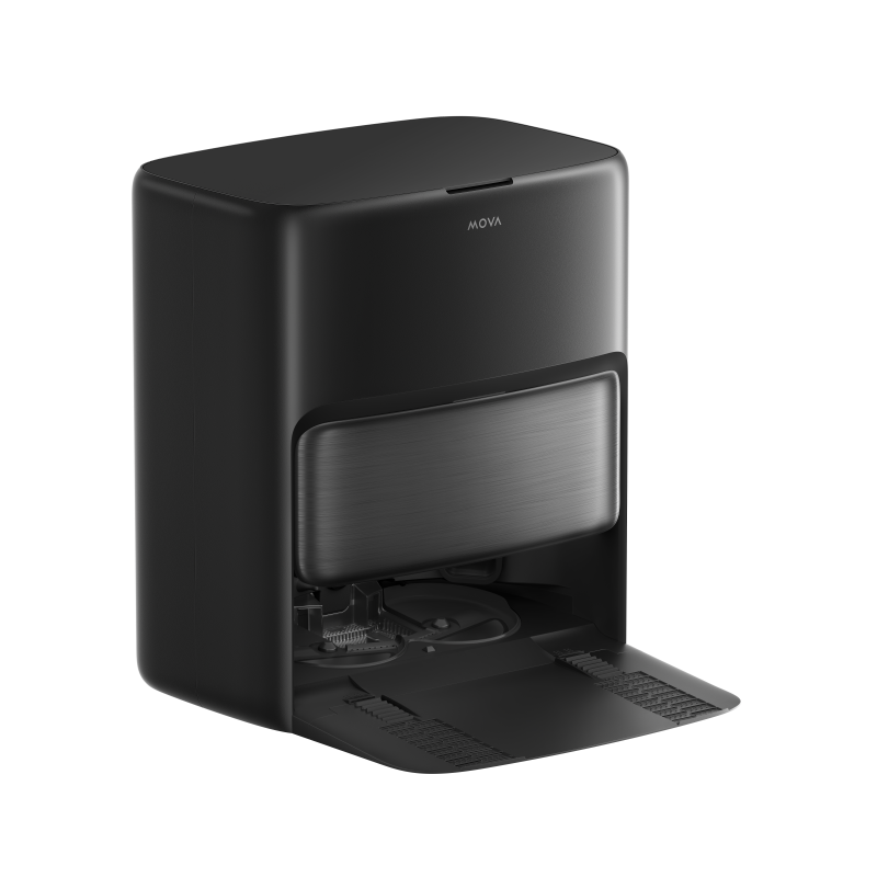 MOVA P70 Pro Ultra all-in-one black base station seen from the side with its docking ramp extended