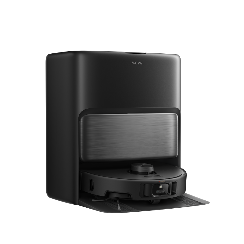 Angled view of the black MOVA P70 Pro Ultra dock and robot, showing the brushed metal front panel