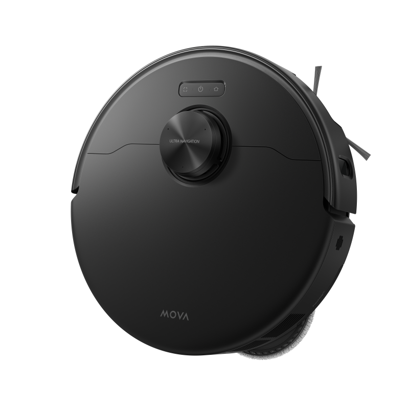 Three-quarter top view of the MOVA P70 Pro Ultra robot vacuum in black with its side brush deployed
