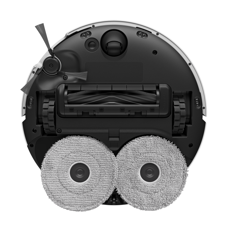 Underside of the MOVA P70 Pro Ultra robot with anti-tangle main brush and twin round mopping pads