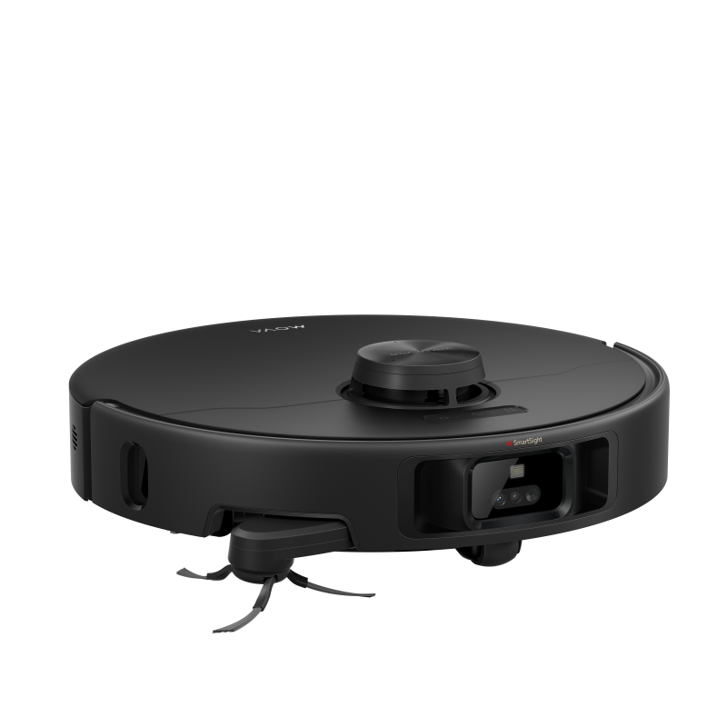 Low side profile of the black MOVA P70 Pro Ultra robot showing camera sensors and extending side brush