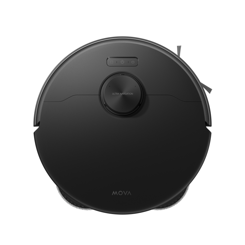 Top view of the round black MOVA P70 Pro Ultra robot vacuum with its raised LiDAR navigation turret