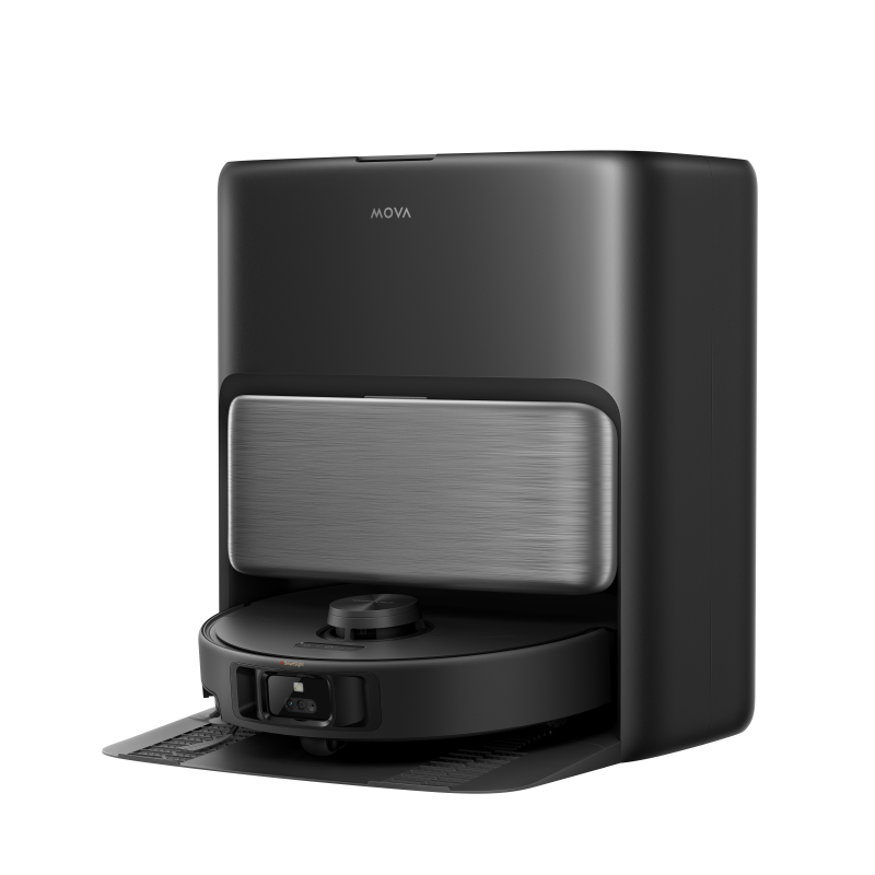MOVA P70 Pro Ultra base station in matt black with the robot vacuum parked on its open dock ramp