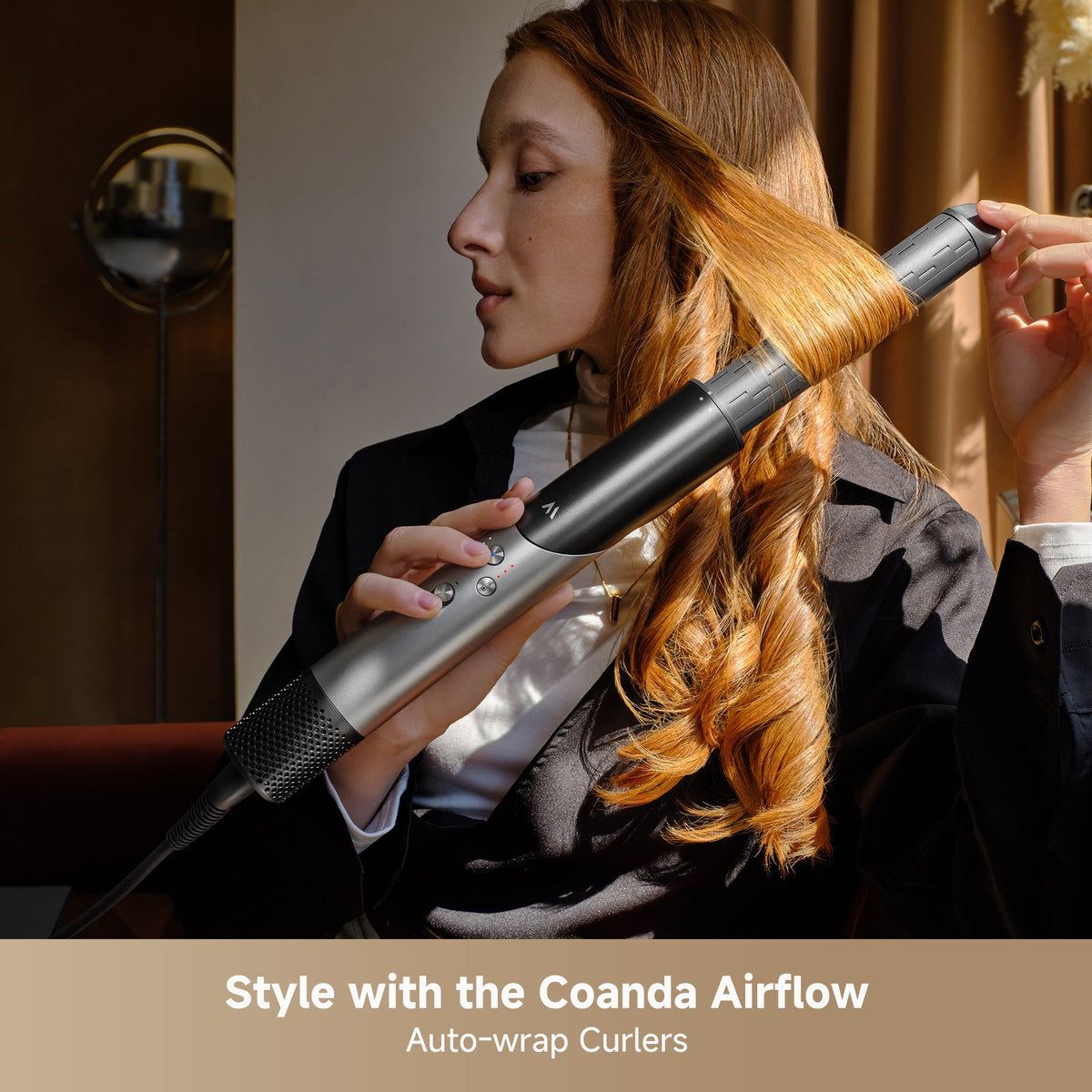 Woman curling long hair with the MOVA Master 10 auto-wrap barrel using its Coanda airflow styling