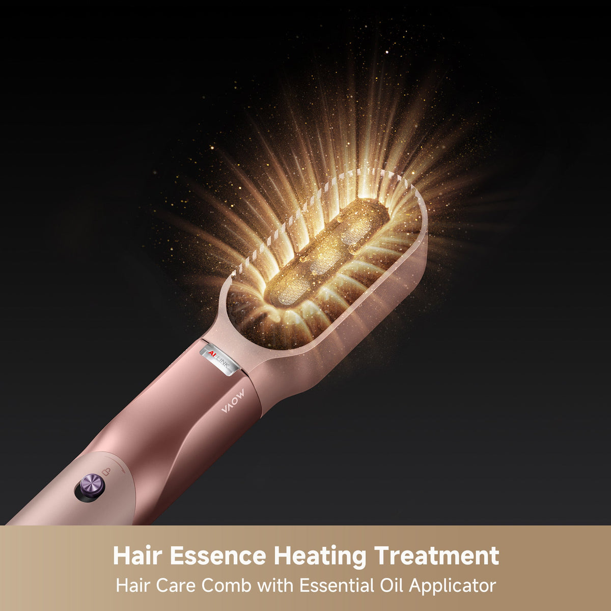 Close-up of the MOVA Master 10 hair care comb attachment with its essential oil applicator glowing warm