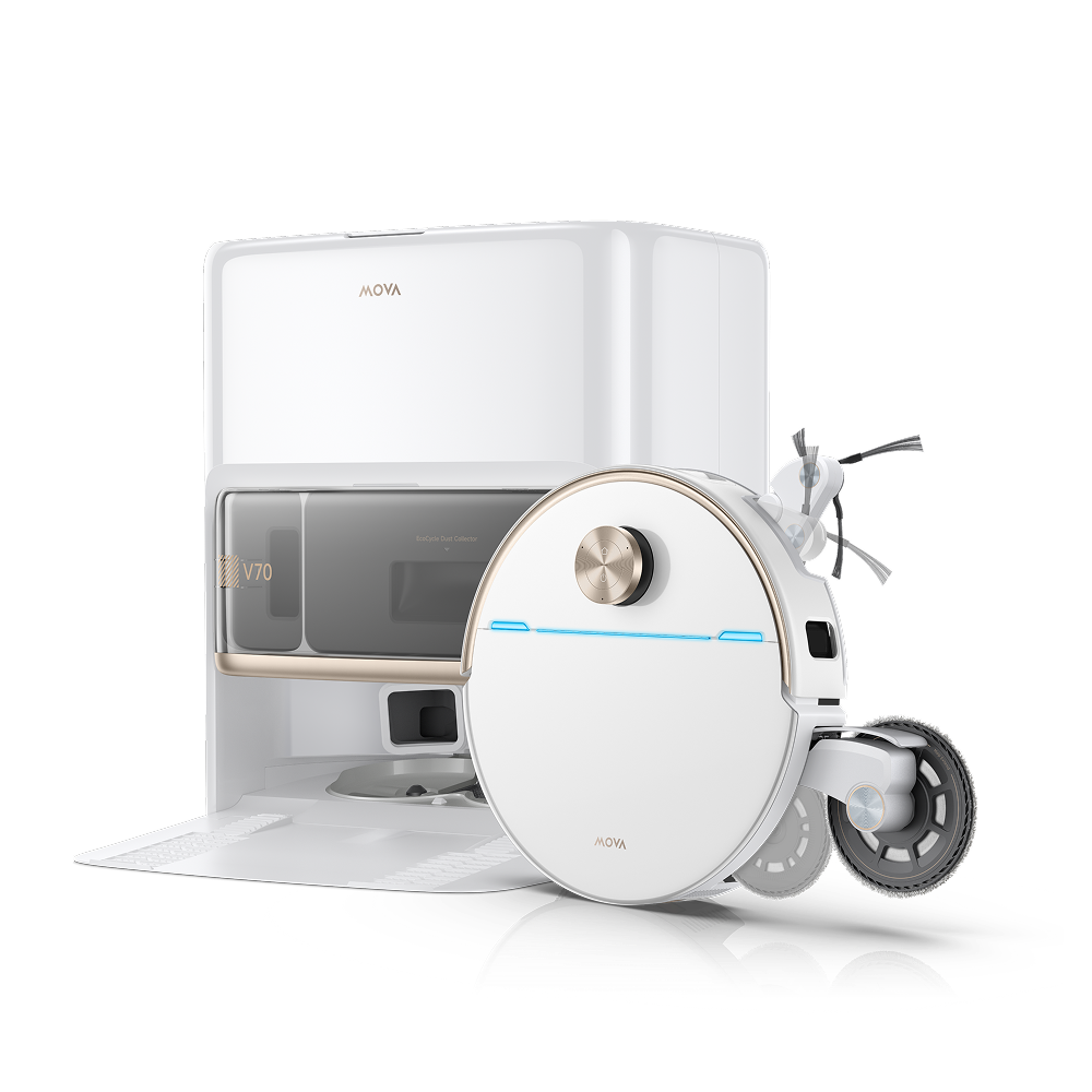 Three-quarter view of the white MOVA V70 Pro Ultra Complete X base station with the robot docked