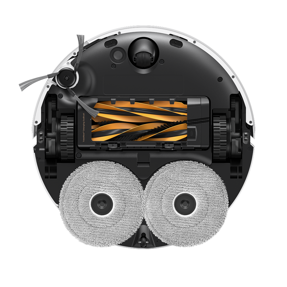 MOVA V70 Pro Ultra Complete X robot at a low angle, one wheel raised to show its climbing suspension