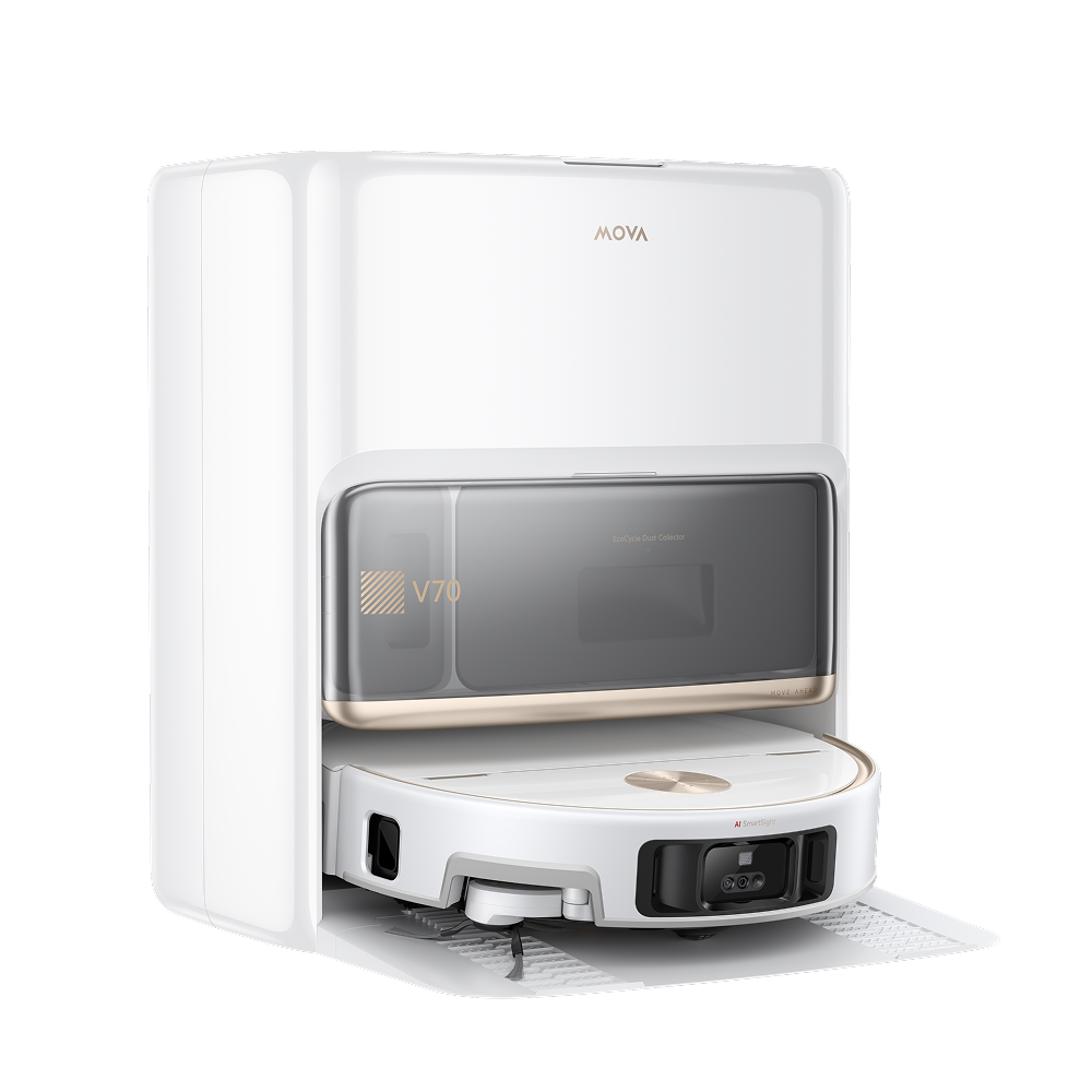 Low front angle of the MOVA V70 Pro Ultra Complete X robot showing its camera sensor and side brush