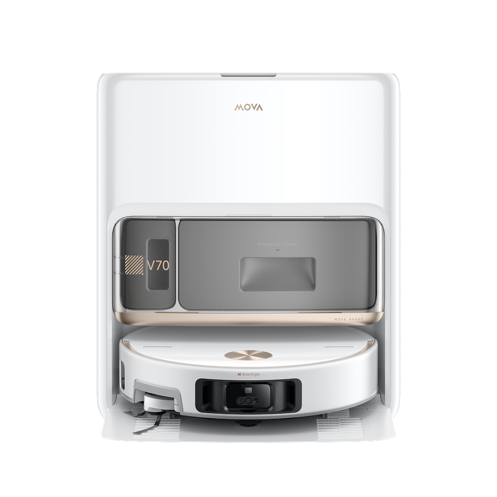 MOVA V70 Pro Ultra Complete X robot vacuum docked on the ramp of its white all-in-one base station