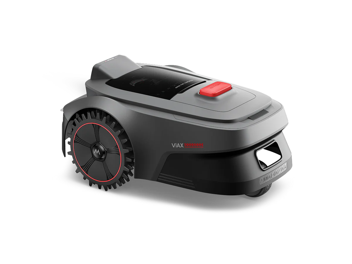 Three-quarter view of the MOVA ViAX 300 robot mower showing its red-rimmed drive wheel and side window