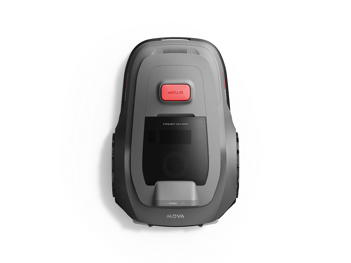 Top-down view of the MOVA ViAX 300 robot lawn mower with red stop button and recessed carry handle