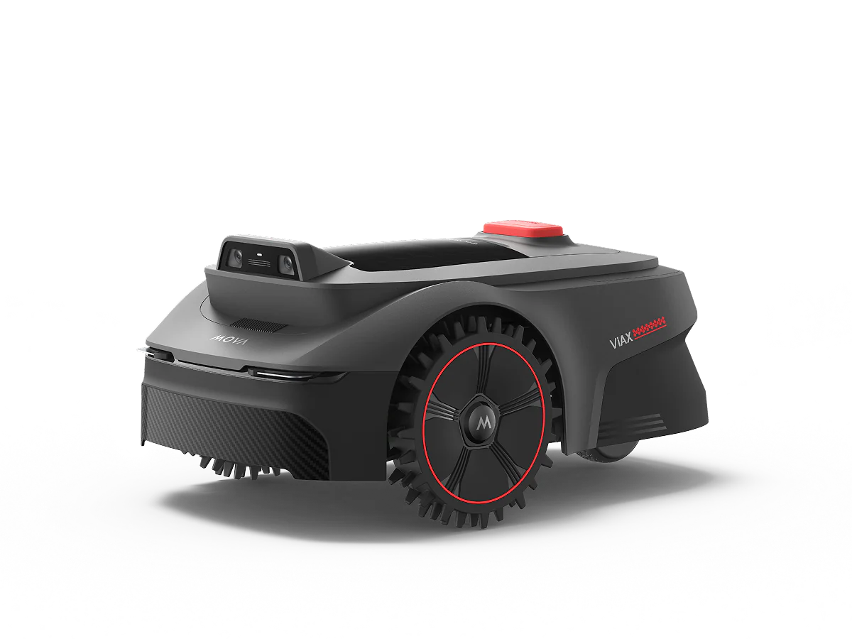 Low angle view of the MOVA ViAX 300 robot mower showing the cutting disc beneath its chassis