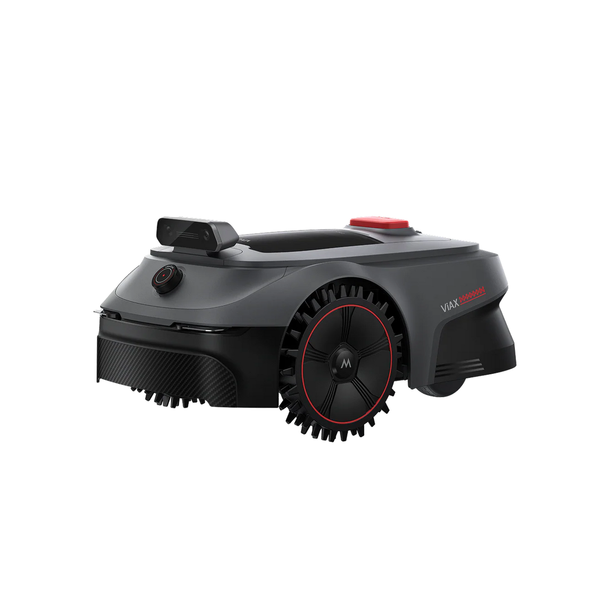 Rear three-quarter view of the MOVA ViAX 500 robot mower with grass discharge vents along the side
