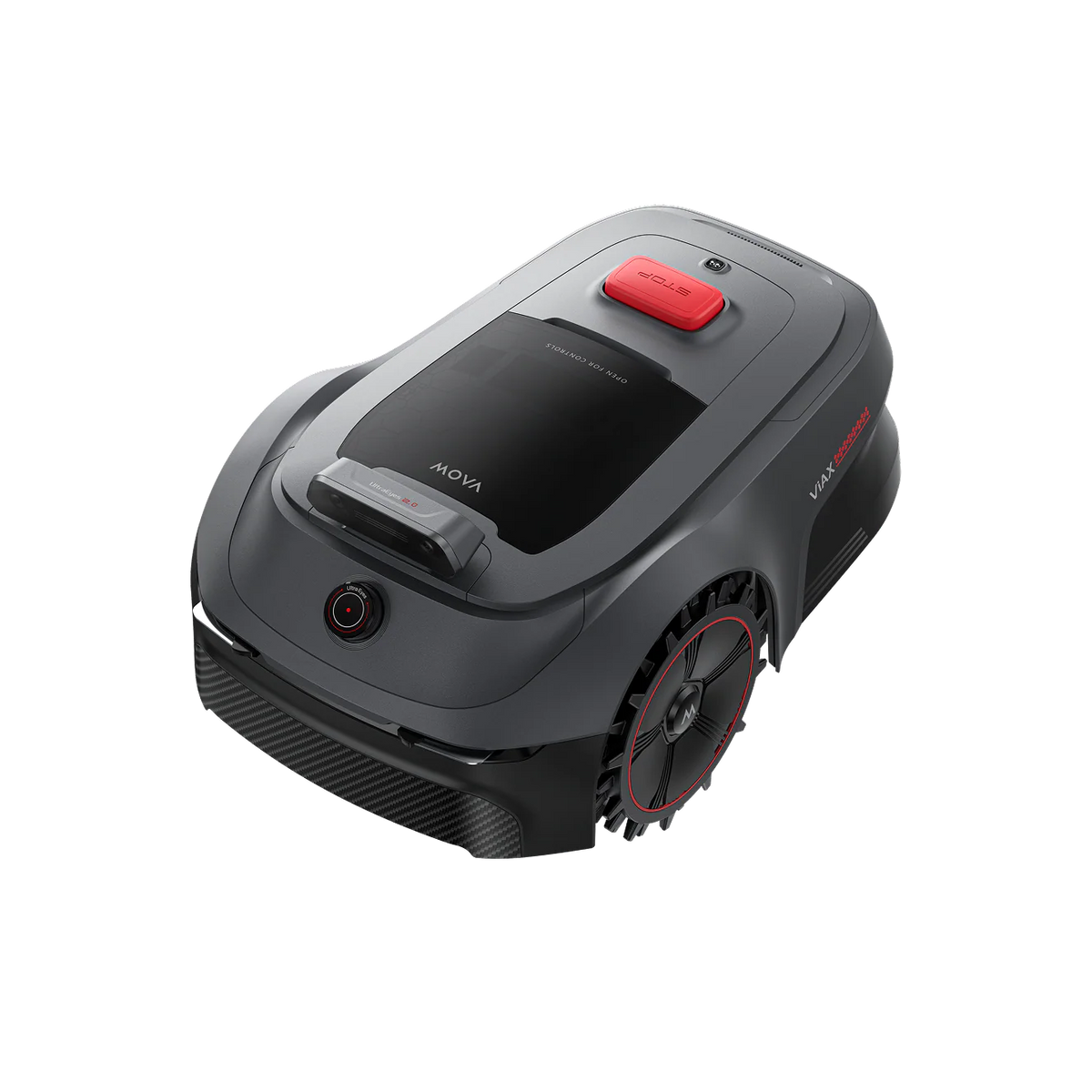 Three-quarter left view of the MOVA ViAX 500 robot lawn mower in grey with its red stop button