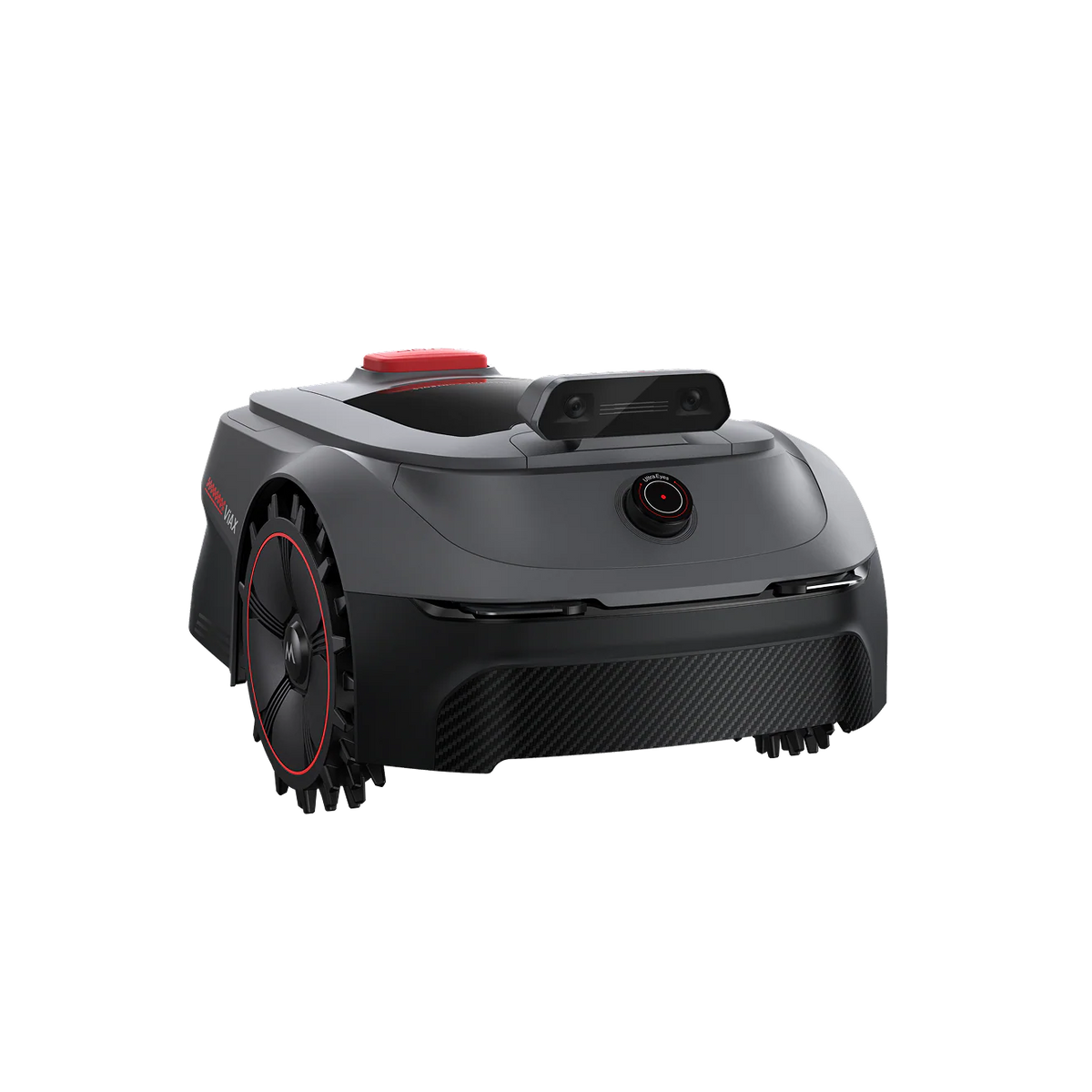 MOVA ViAX 500 robot mower from the front right, showing its red-rimmed wheel and sensor window