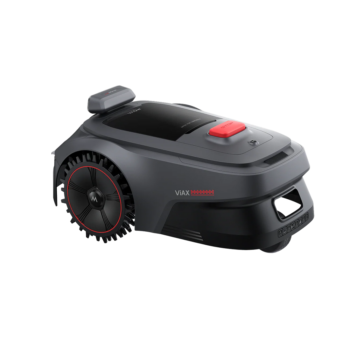 Right side view of the MOVA ViAX 500 robot mower with sensor window and red-trimmed drive wheel