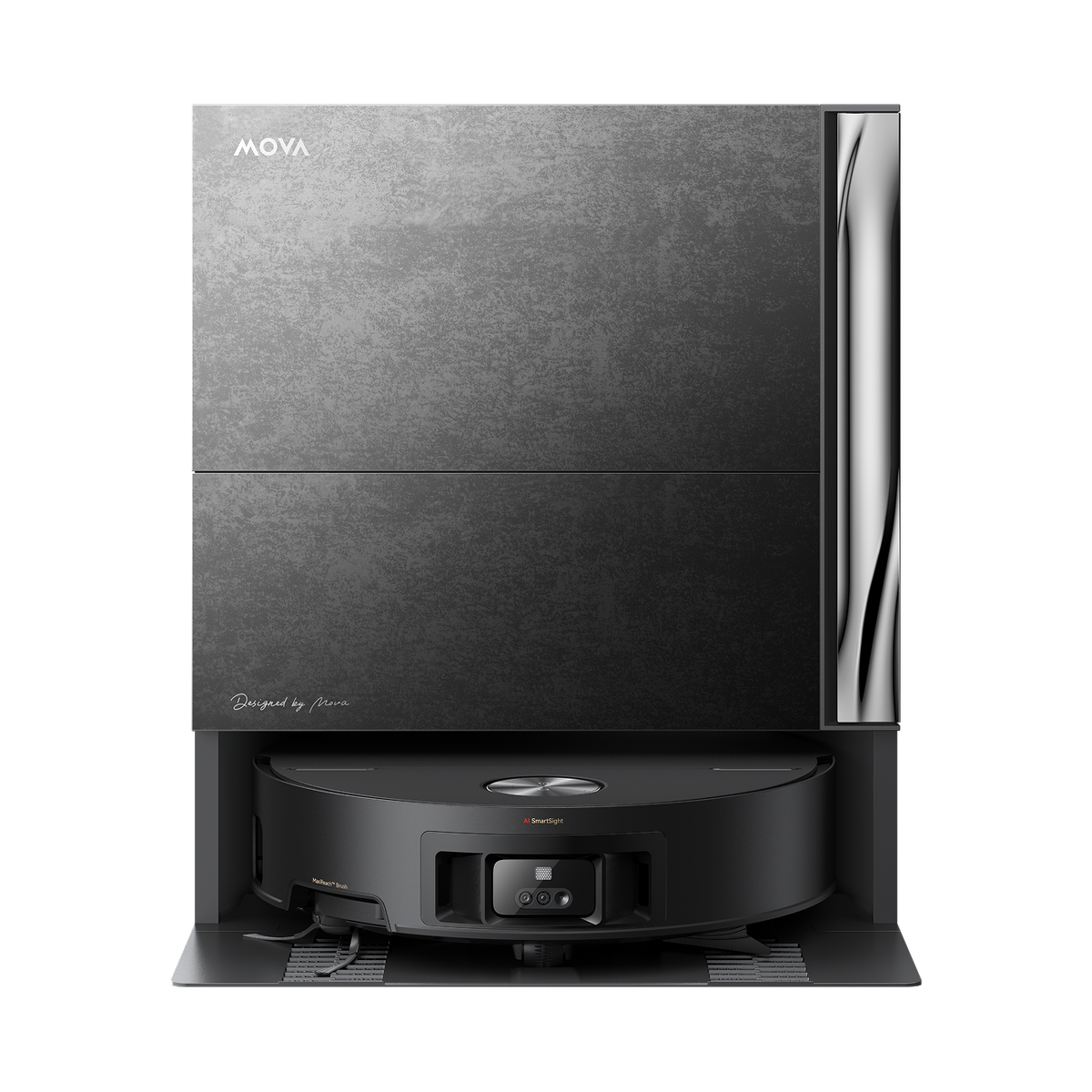 Front view of the MOVA Z70 Ultra Roller Complete base station in black with the robot parked inside