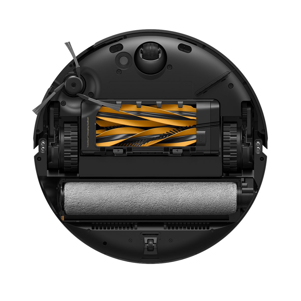 Underside of the MOVA Z70 Ultra Roller Complete robot with anti-tangle main brush and white roller mop