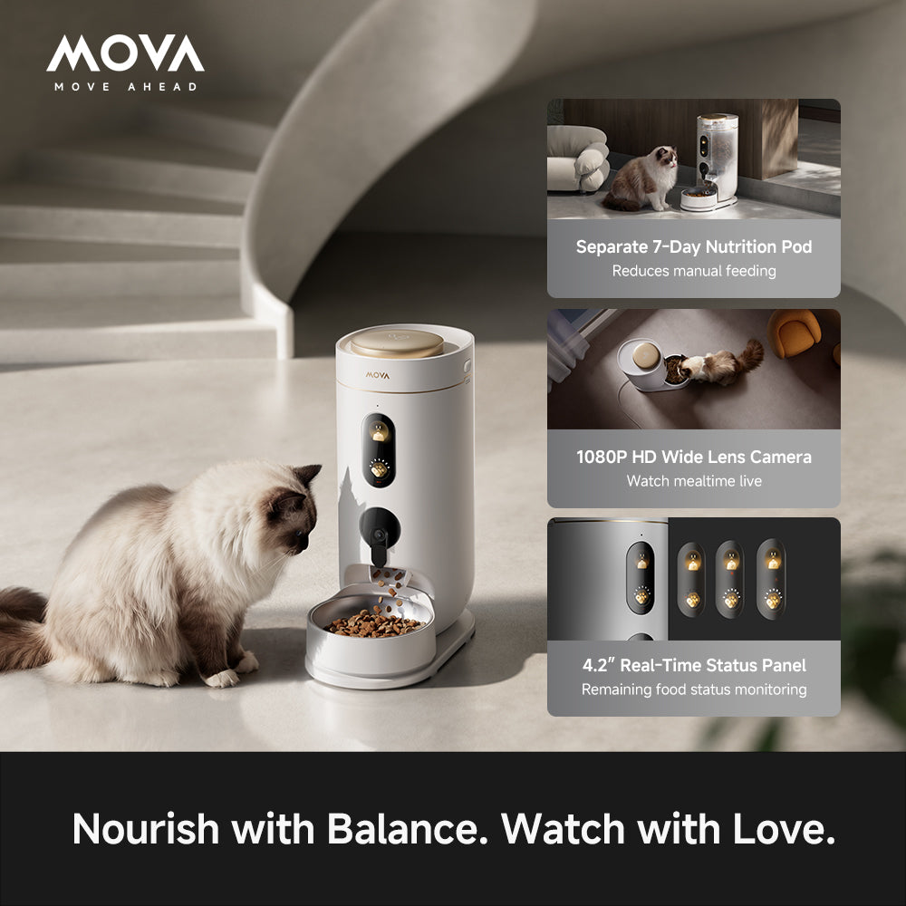 MOVA NutriPal 10 Ultra pet feeder beside a sleeping dog, with app screens for balanced portion control