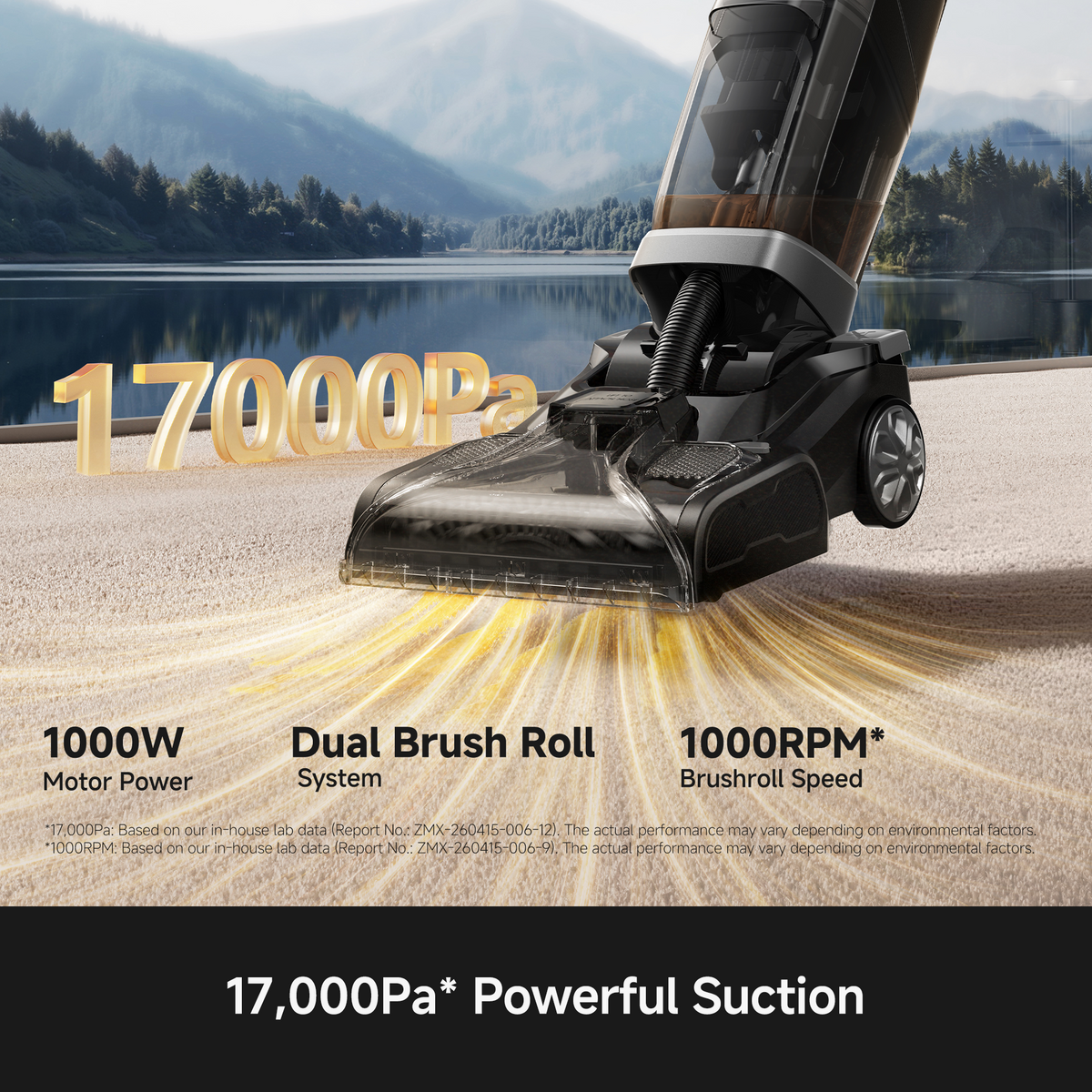 MOVA X2 Pro carpet cleaner head with dual brush rolls and 17,000Pa suction lifting dirt from carpet