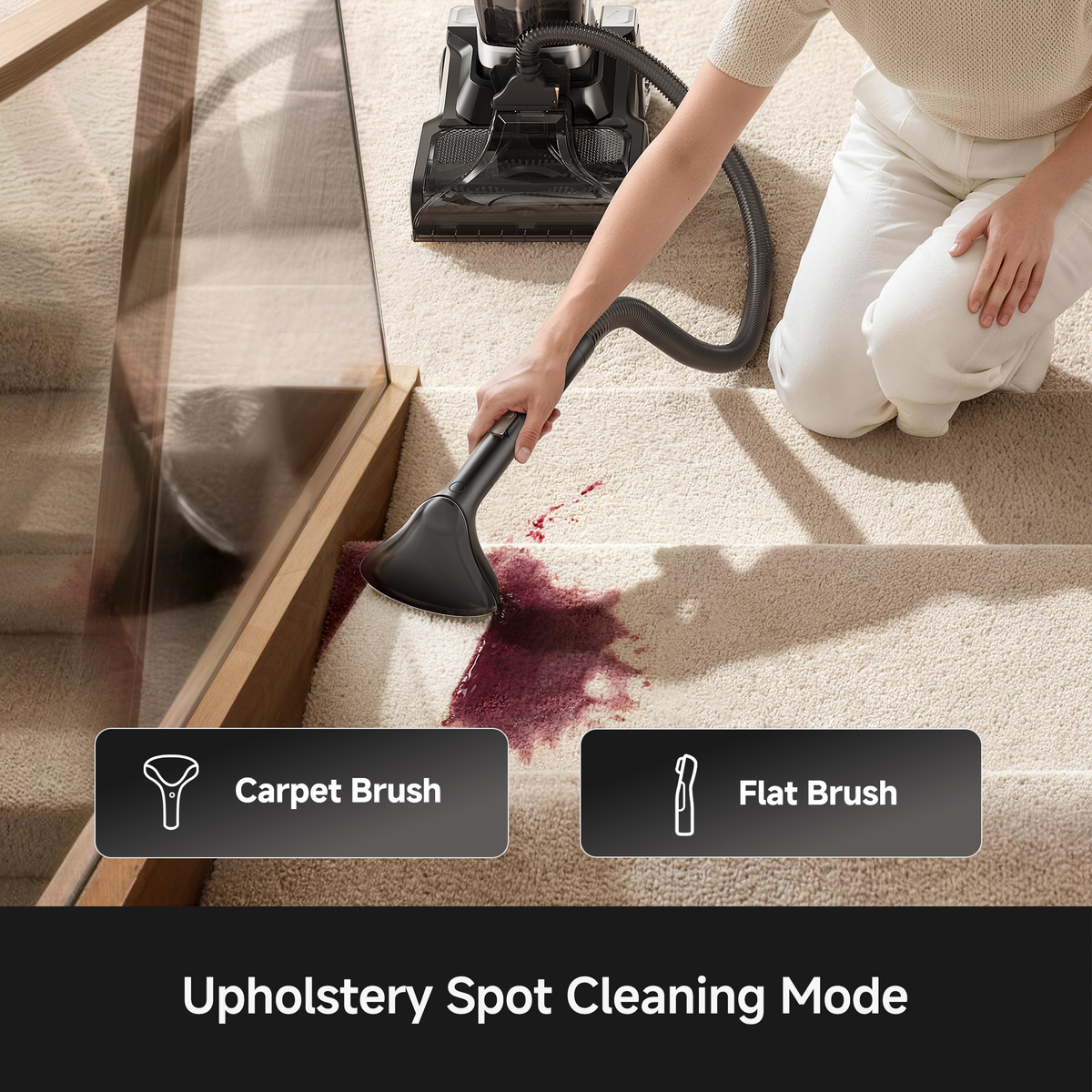 User spot-cleaning a red spill on carpet with the MOVA X2 Pro cleaner's handheld upholstery tool