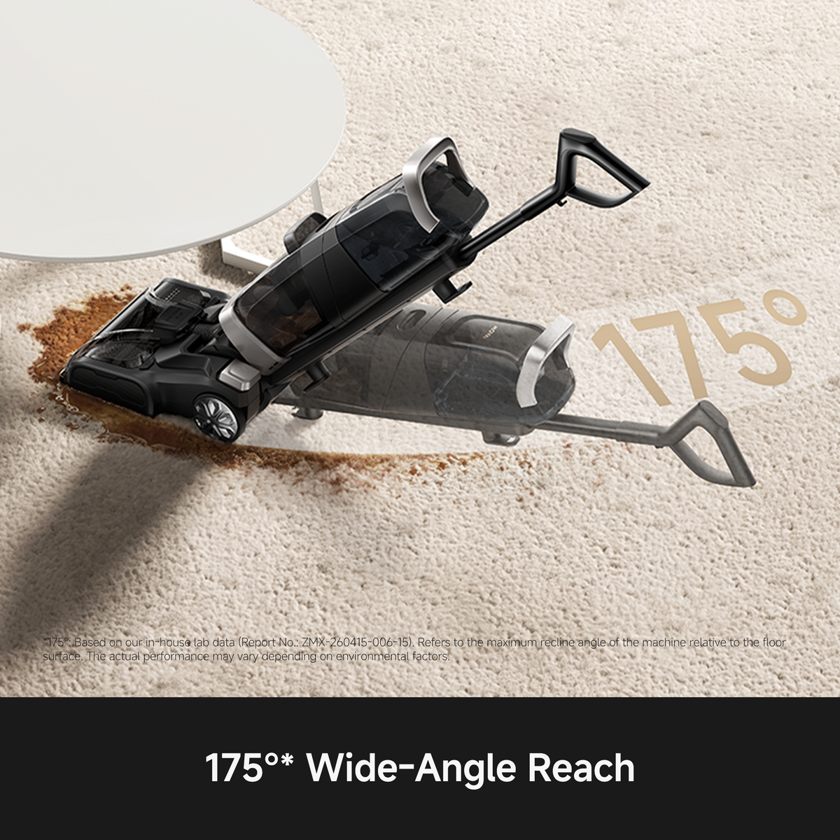 MOVA X2 Pro carpet cleaner laid back to a 175-degree angle to clean beneath a low round table