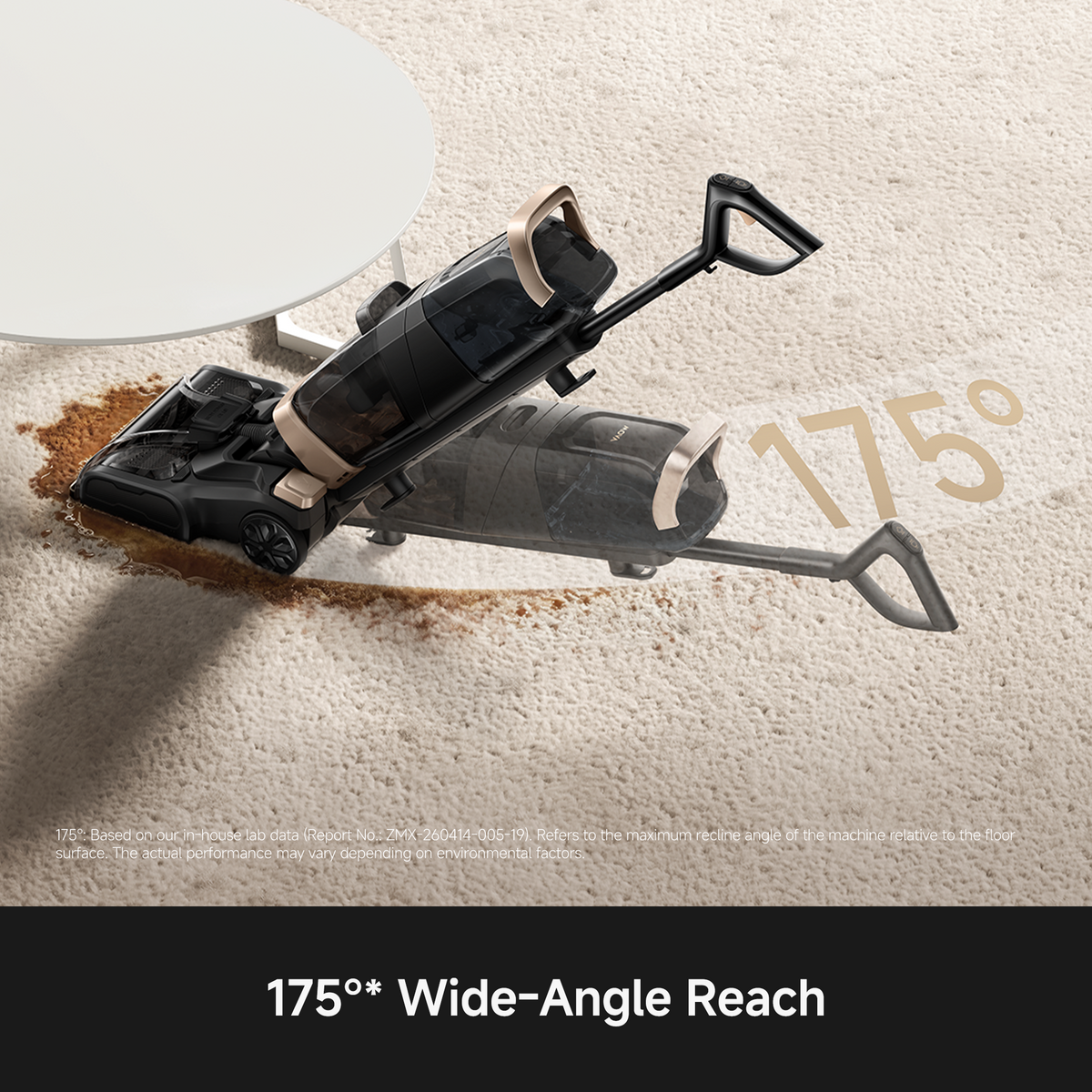 MOVA X3 Pro steam carpet cleaner reclined to a 175-degree angle to reach under a low round table