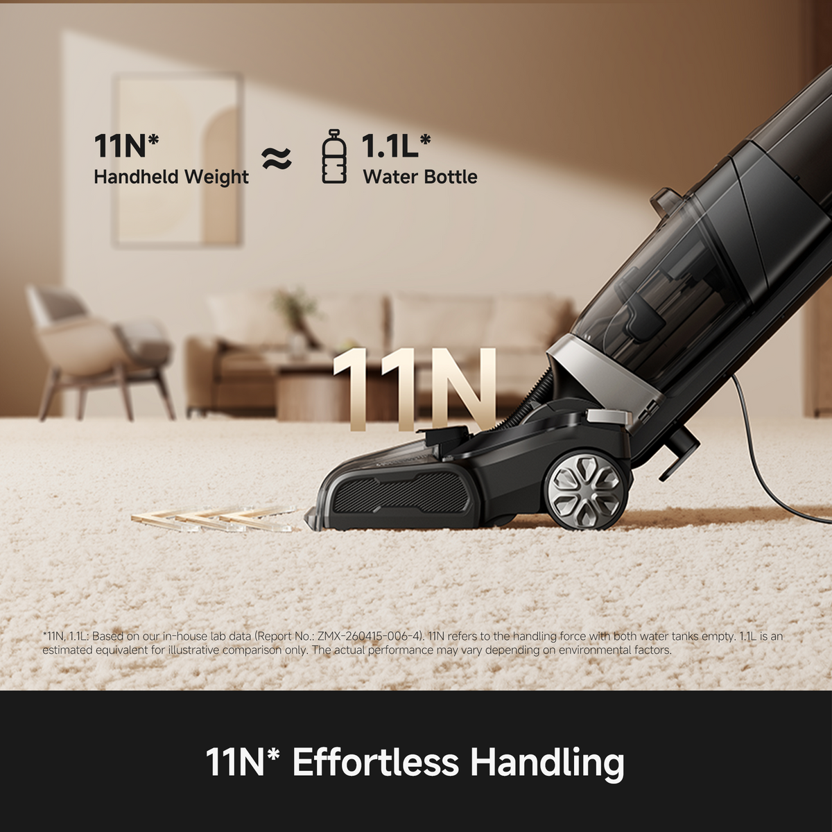 MOVA X2 Pro carpet cleaner being pushed across carpet one-handed with 11N of handheld force