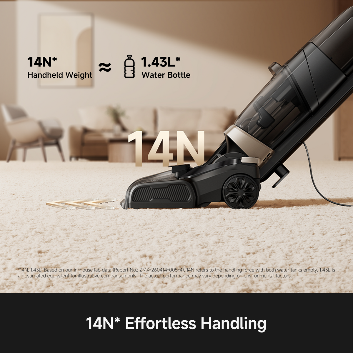 MOVA X3 Pro steam carpet cleaner being guided across carpet with just 14N of handheld push force