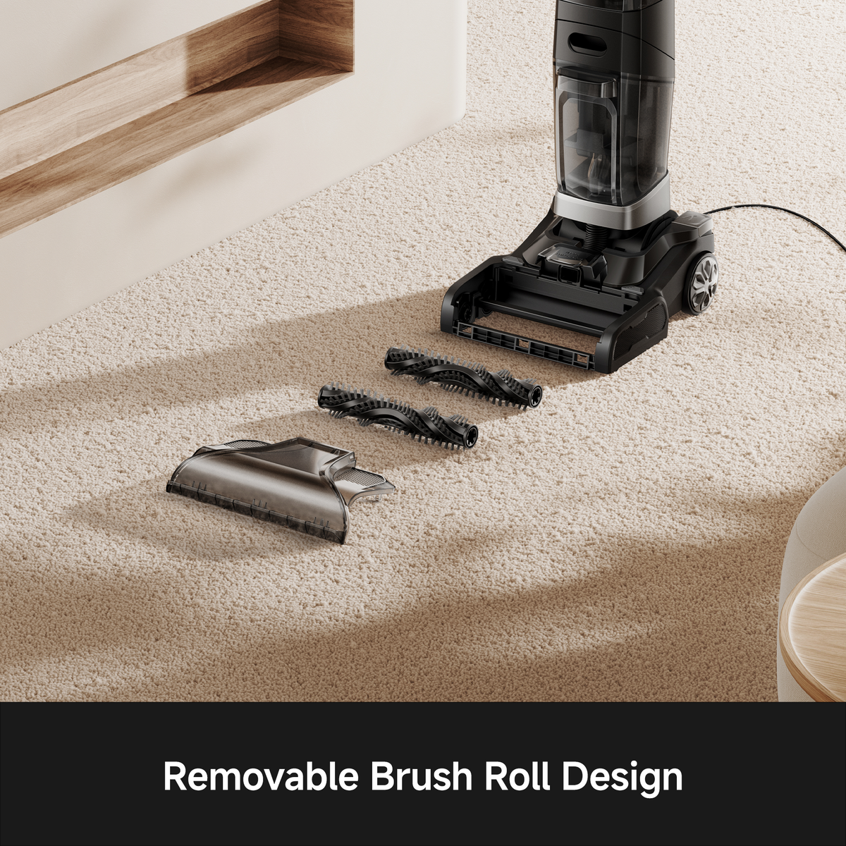 Removable brush rolls laid out beside the MOVA X2 Pro carpet cleaner for rinsing and replacement