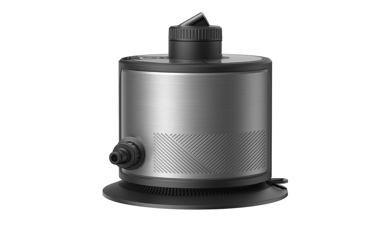 Rear view of the MOVA L10 cordless lawn sprinkler, showing its hose connector and ribbed circular base
