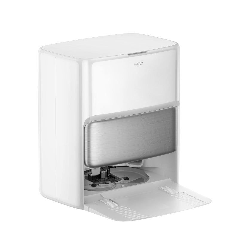 MOVA P70 Pro Ultra all-in-one white base station seen from the side with its docking ramp extended