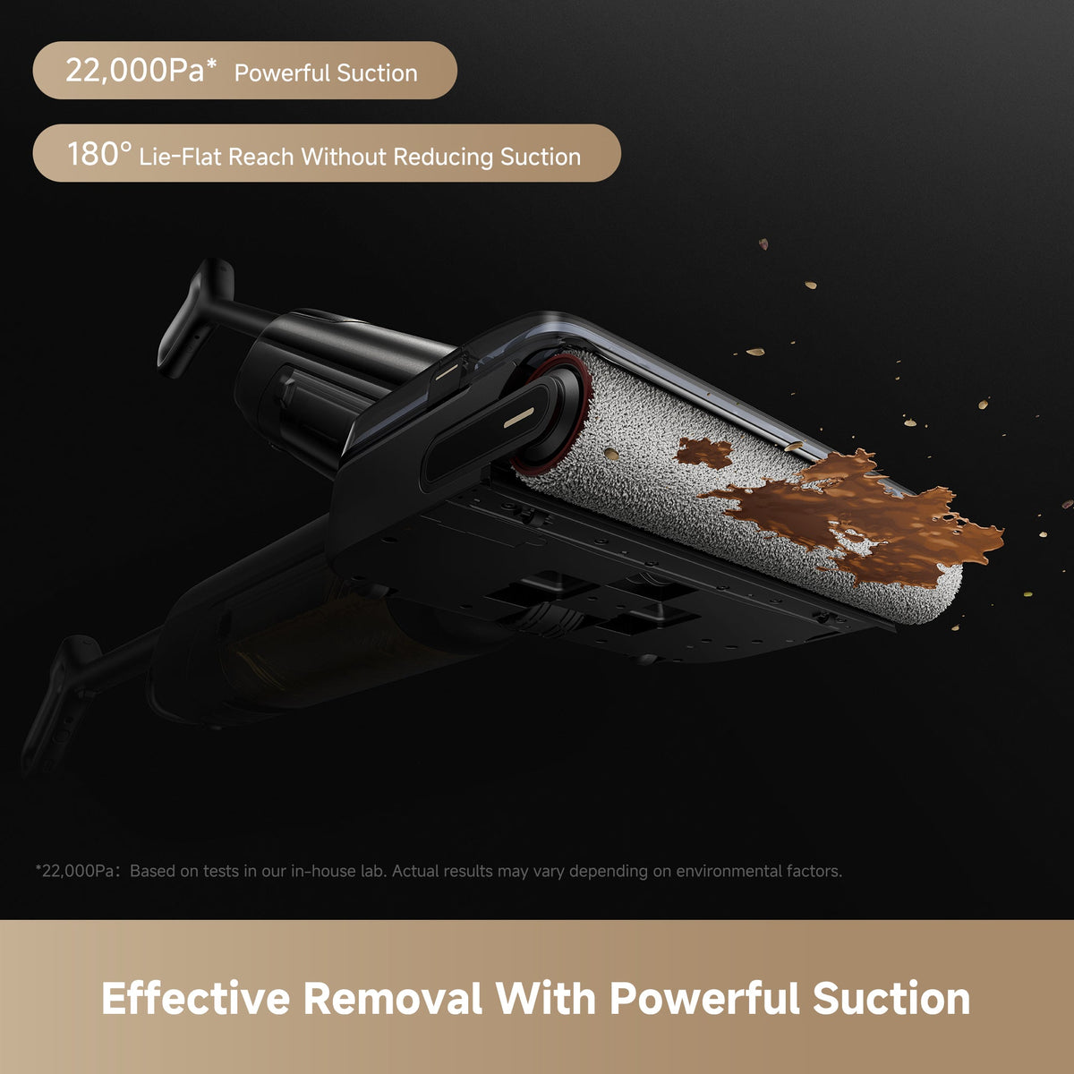 MOVA M50 wet and dry vac reclined flat to 180 degrees, drawing up scattered crumbs at full suction