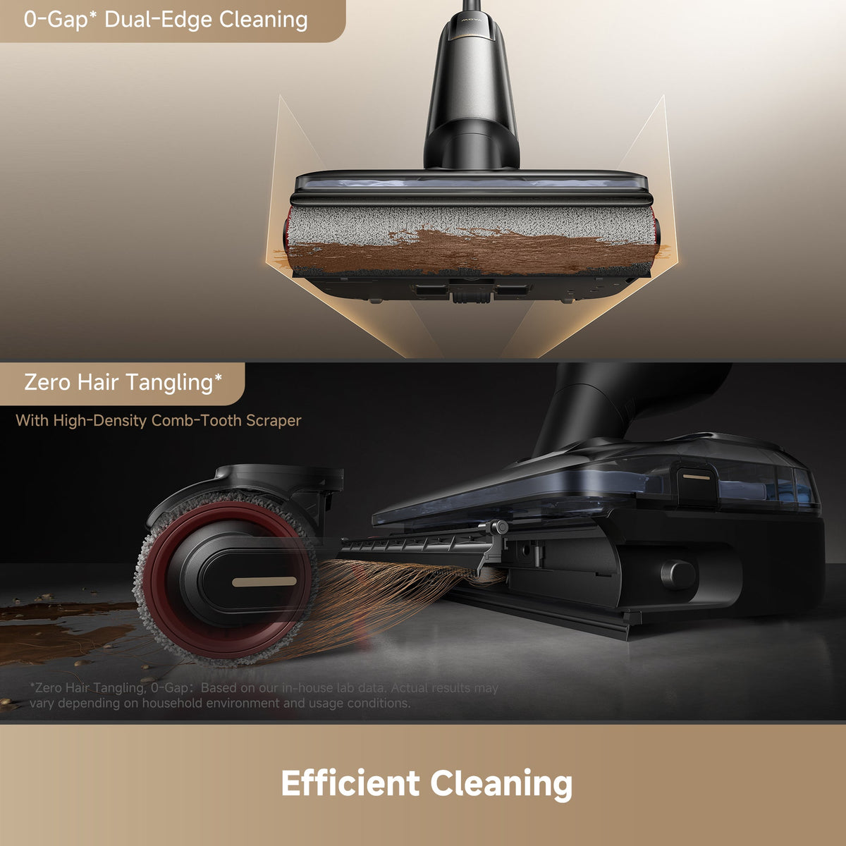 Zero-gap edge cleaning and anti-tangle comb detail on the MOVA M10 Air wet and dry vacuum brush roller