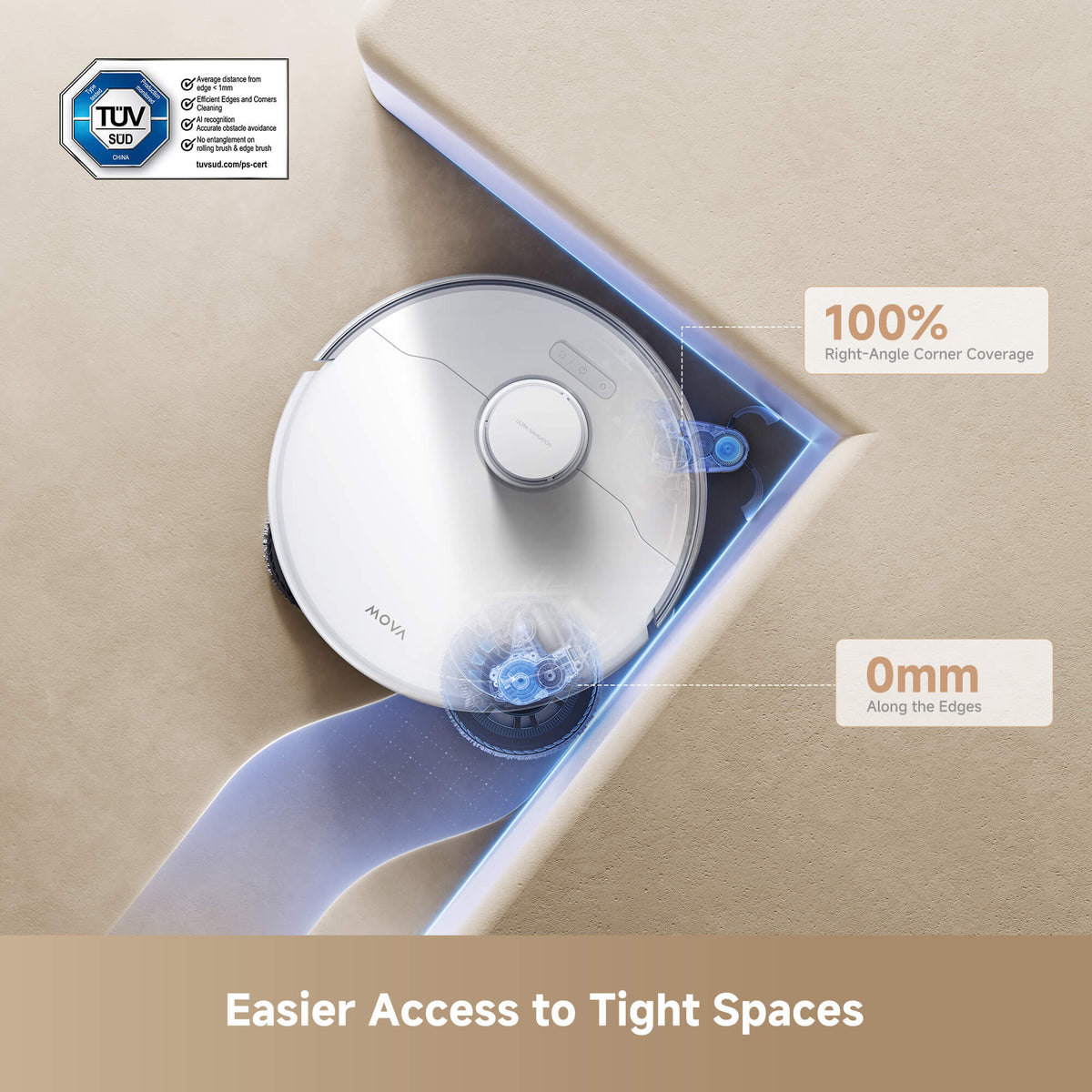 MOVA robot vacuum cleaning along edges and corner spaces with TÜV-certified obstacle avoidance, zero-gap edge cleaning, and complete right-angle corner coverage.