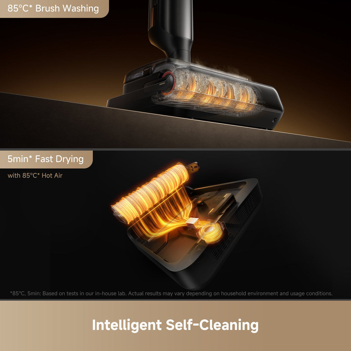 The MOVA M50 wet and dry vac self-cleaning its roller with 85°C water, then drying it with hot air