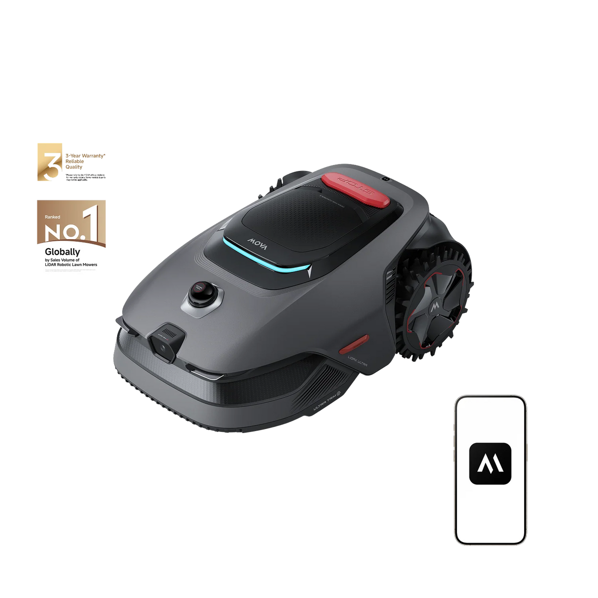 MOVA LiDAX Ultra 800 robot mower with teal light bar lit, shown with award badges and the MOVA app