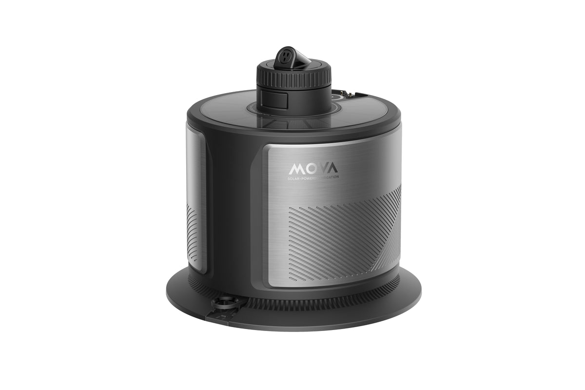 MOVA L10 irrigation sprinkler at a 45-degree left angle, showing the raised spray nozzle on its black cap