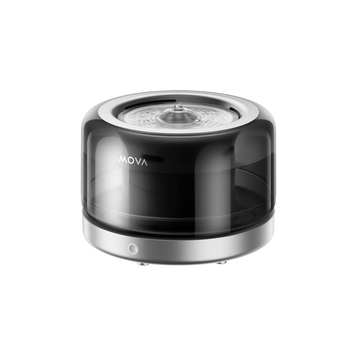 Left side view of the MOVA WF20 Pro pet water fountain, showing its tinted tank and slim stainless base