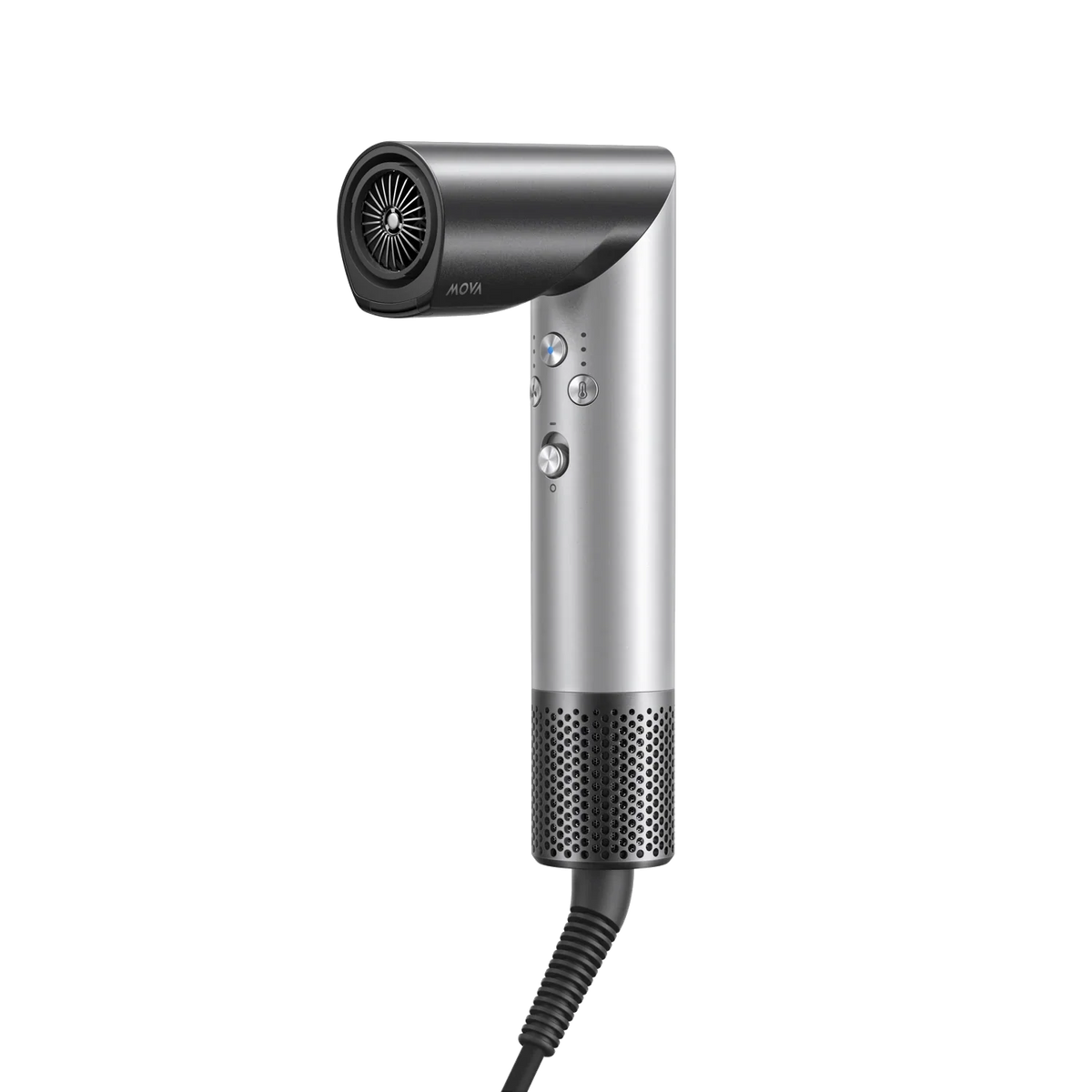 MOVA Master 10 hair dryer and styler in silver, shown upright on a white background with its cable