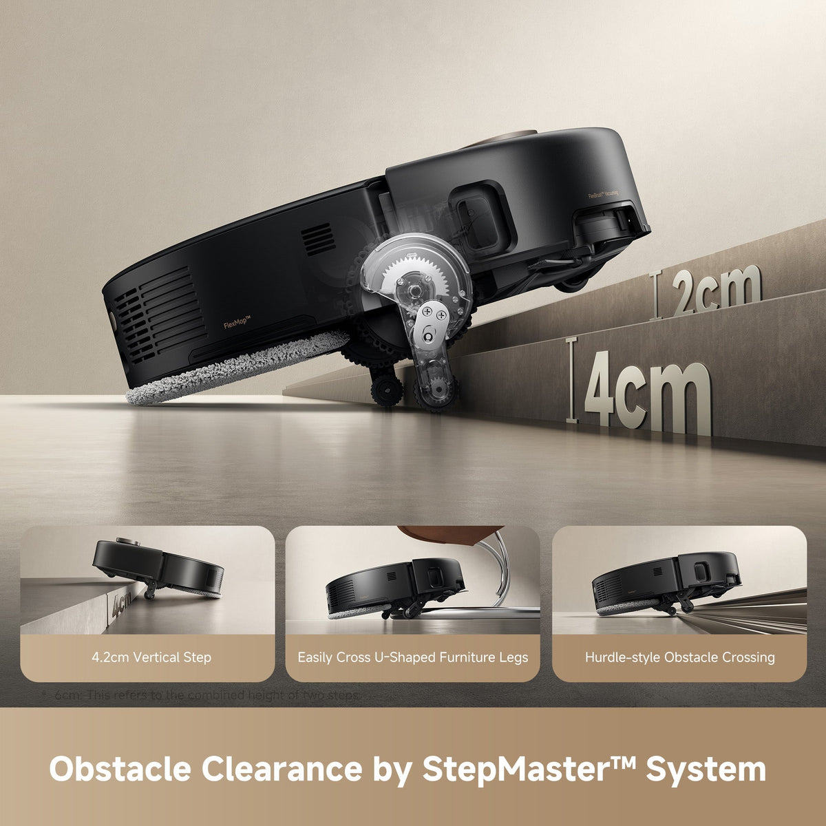 MOVA V50 Ultra Complete robot climbing a 4cm step using its StepMaster lifting chassis