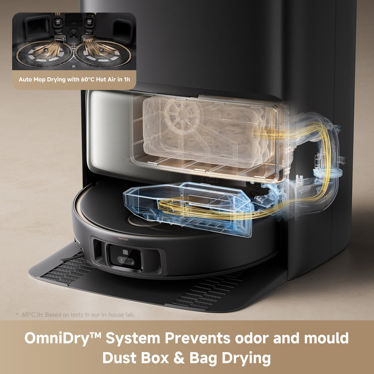 Cutaway of the MOVA V50 Ultra Complete dock drying its dust box and bag to prevent odour and mould