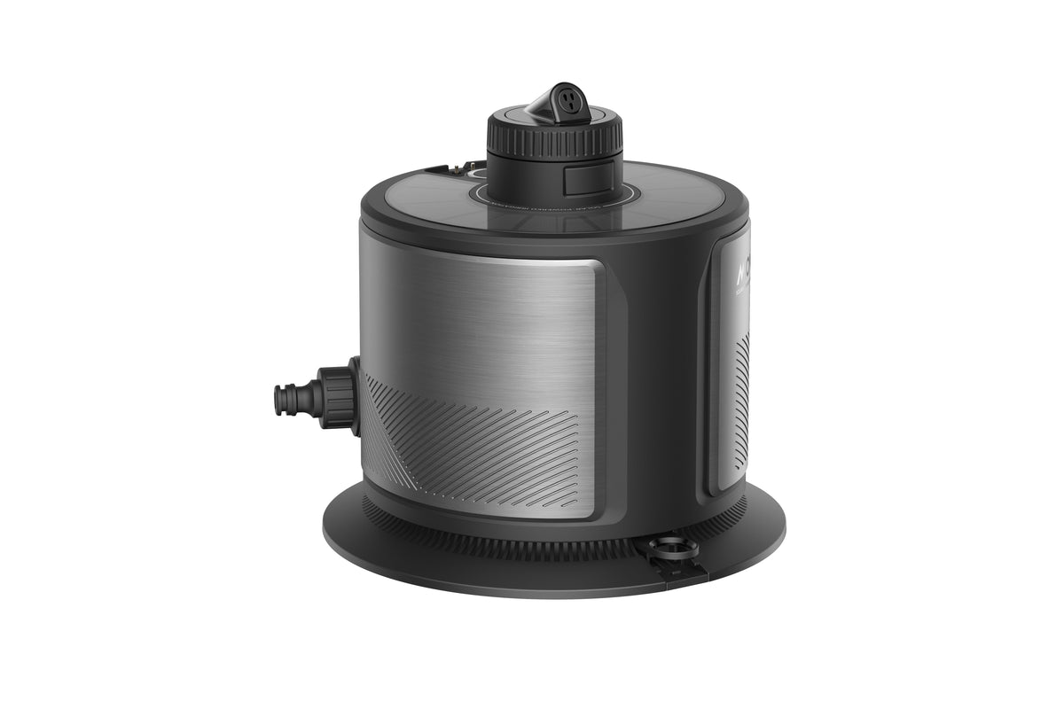 MOVA L10 irrigation sprinkler from 45 degrees right, with the threaded garden hose inlet on the body side