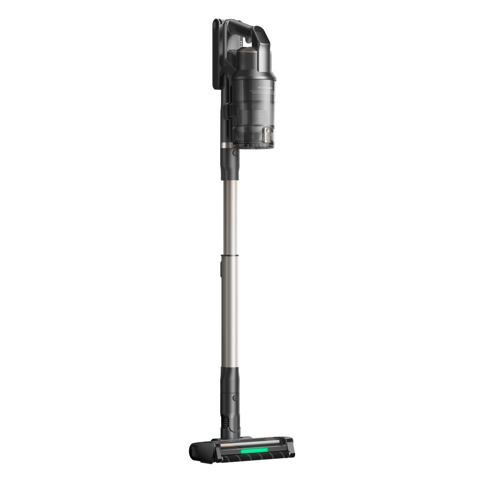 Right side view of the black MOVA G70 cordless stick vacuum with its LED floor head lit green