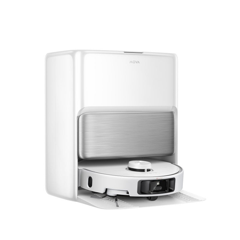 Angled view of the white MOVA P70 Pro Ultra dock and robot, showing the brushed metal front panel