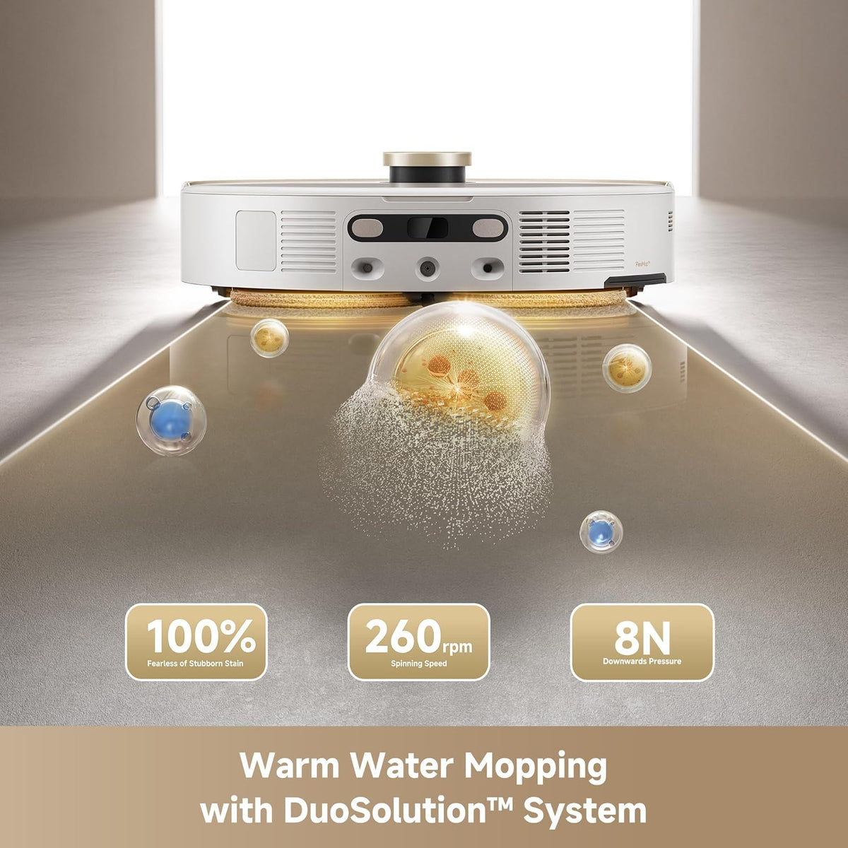 MOVA V50 Ultra Complete robot warm-water mopping a floor at 260rpm with 8N of downward pressure