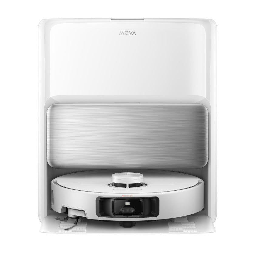 MOVA P70 Pro Ultra base station in matt white with the robot vacuum parked on its open dock ramp