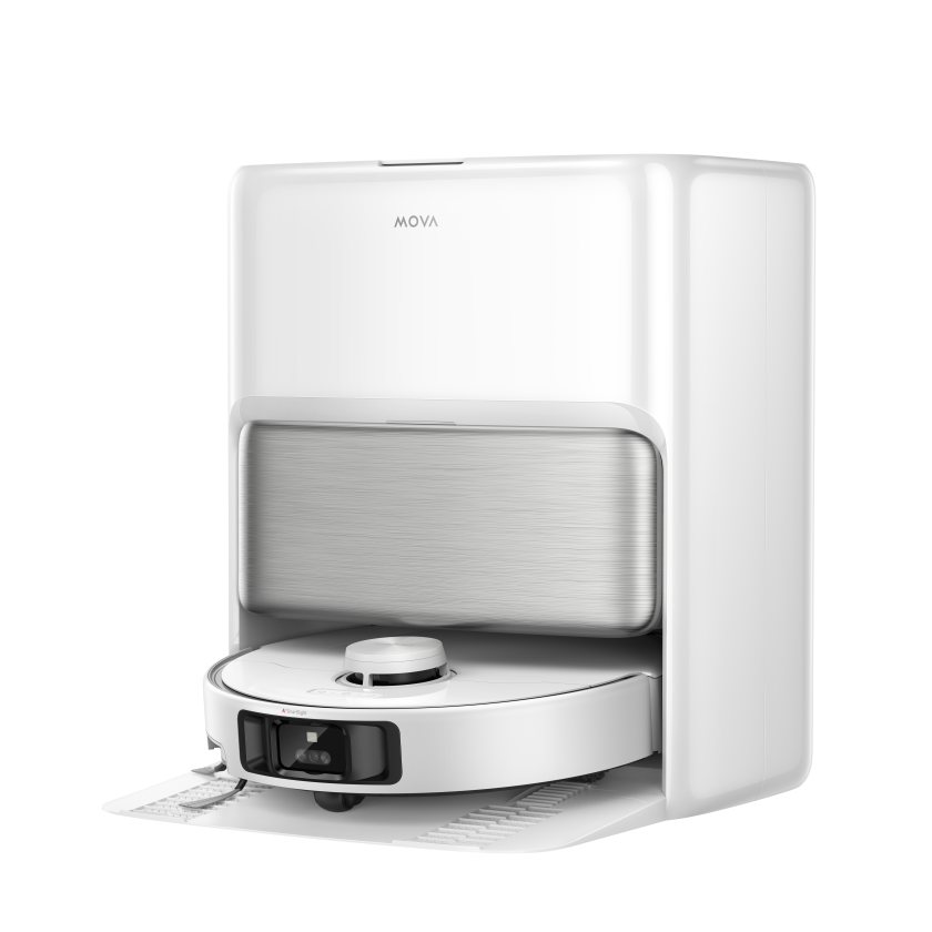 MOVA P70 Pro Ultra base station in matt white with the robot vacuum parked on its open dock ramp