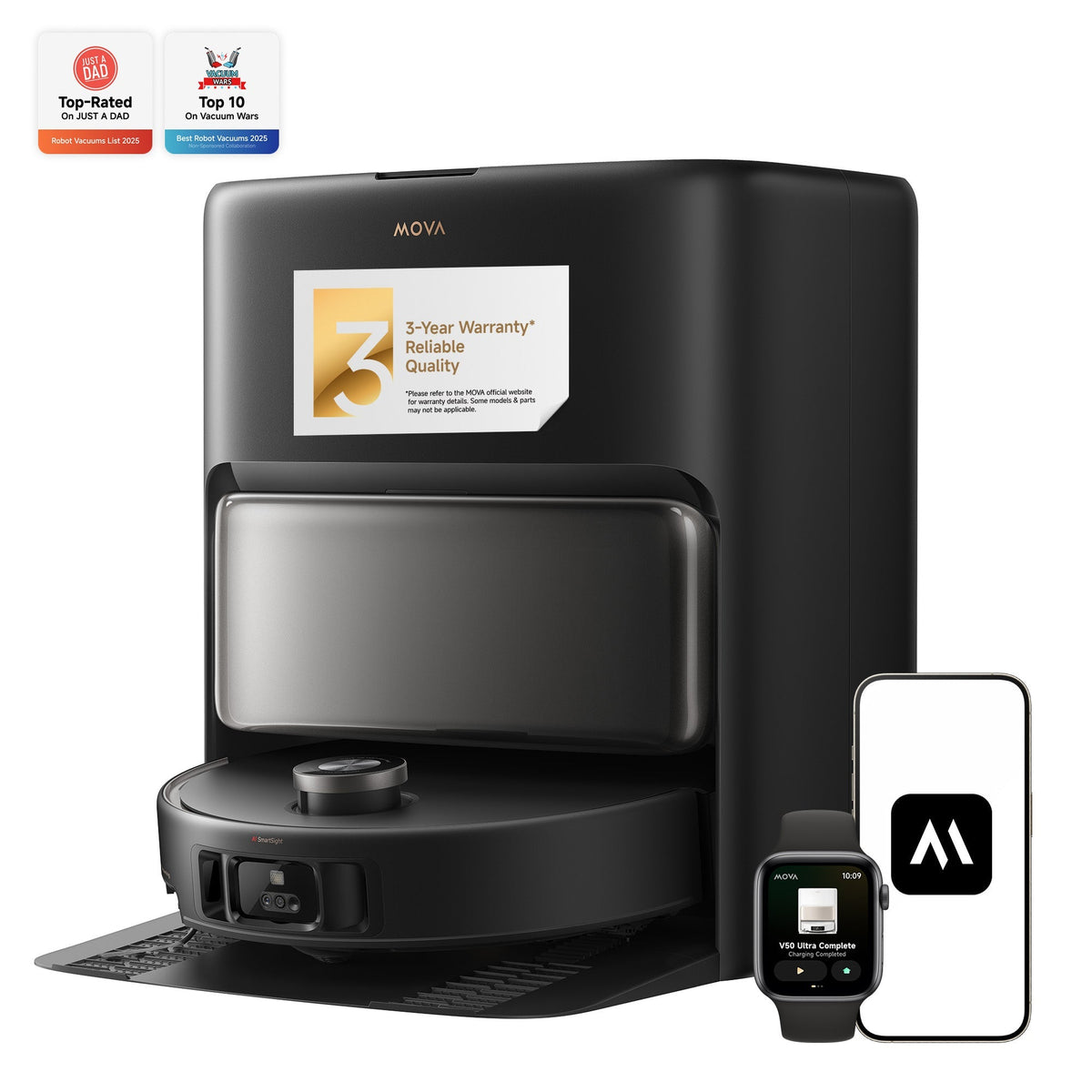 MOVA V50 Ultra Complete robot vacuum and black dock, shown with app control and top-rated review badges
