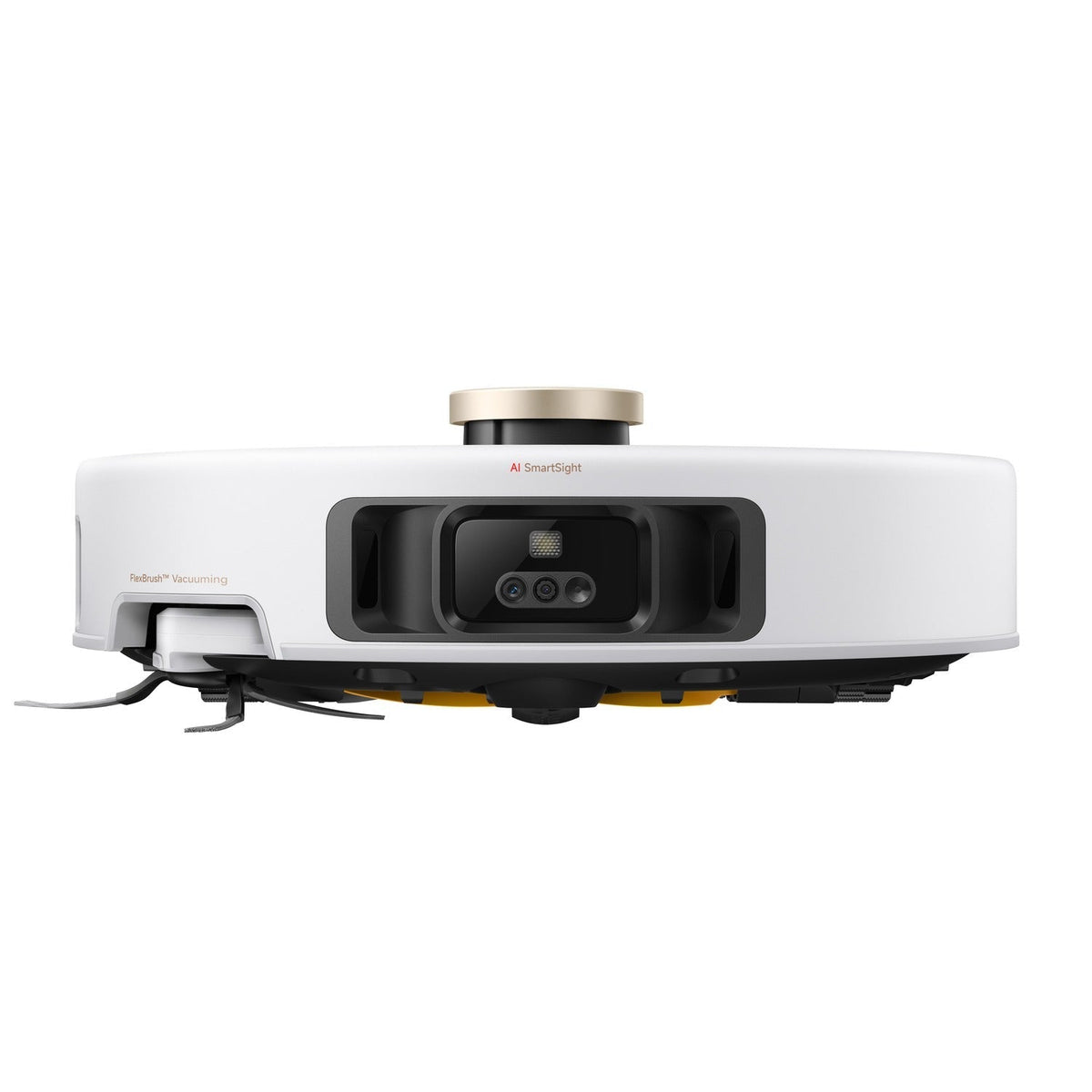 Side view of the white MOVA V50 Ultra Complete robot vacuum with gold LiDAR turret and camera bar